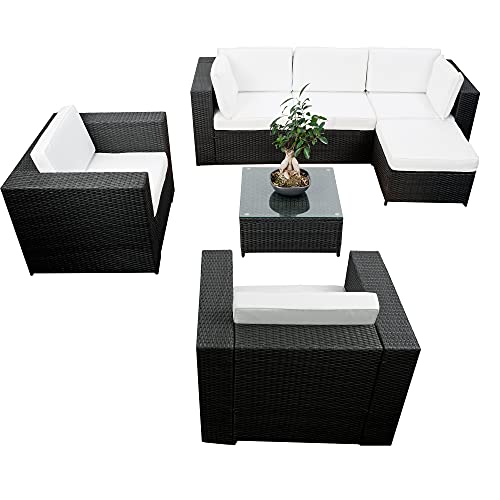 XINRO® Polyrattan Lounge - Balkonmöbel Lounge XXL 21-TLG 5-Sitzer Polyrattan schwarz Kissen Weiss