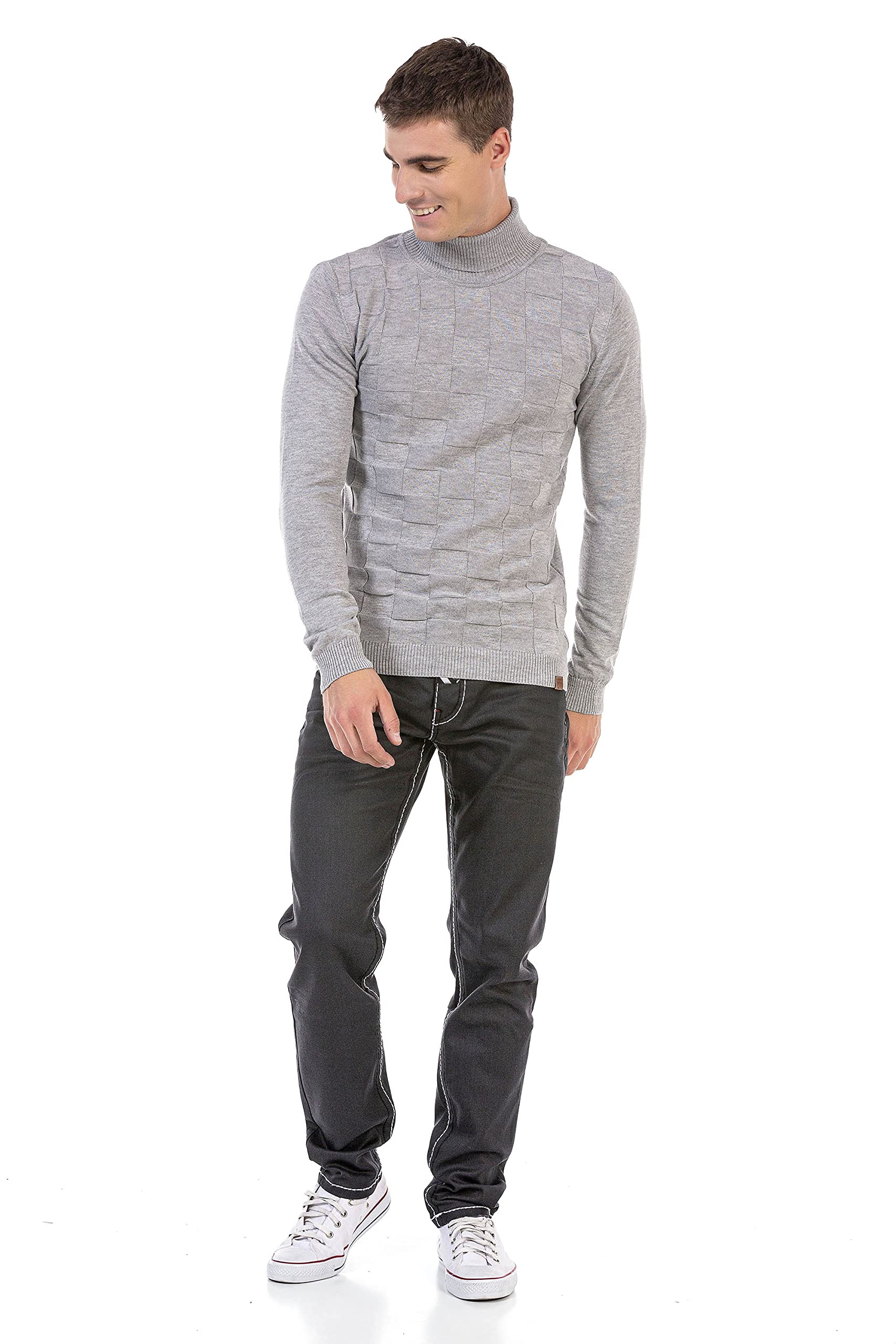 Cipo & Baxx Herren Rollkragenpullover Pullover Strickpullover Muster CP241 Hellgrau L