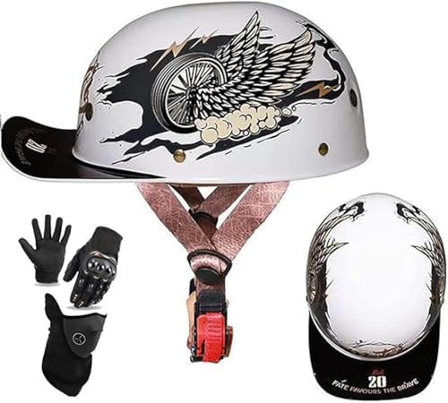 Baseballmütze Motorradhelm Deutscher Stil DOT/ECE-Geprüft, Dünner Totenkopfmützen-Halbschalenhelm Für Männer Frauen, Moped ATV Scooter Open Face Retro Helm F,M(54-57) CM