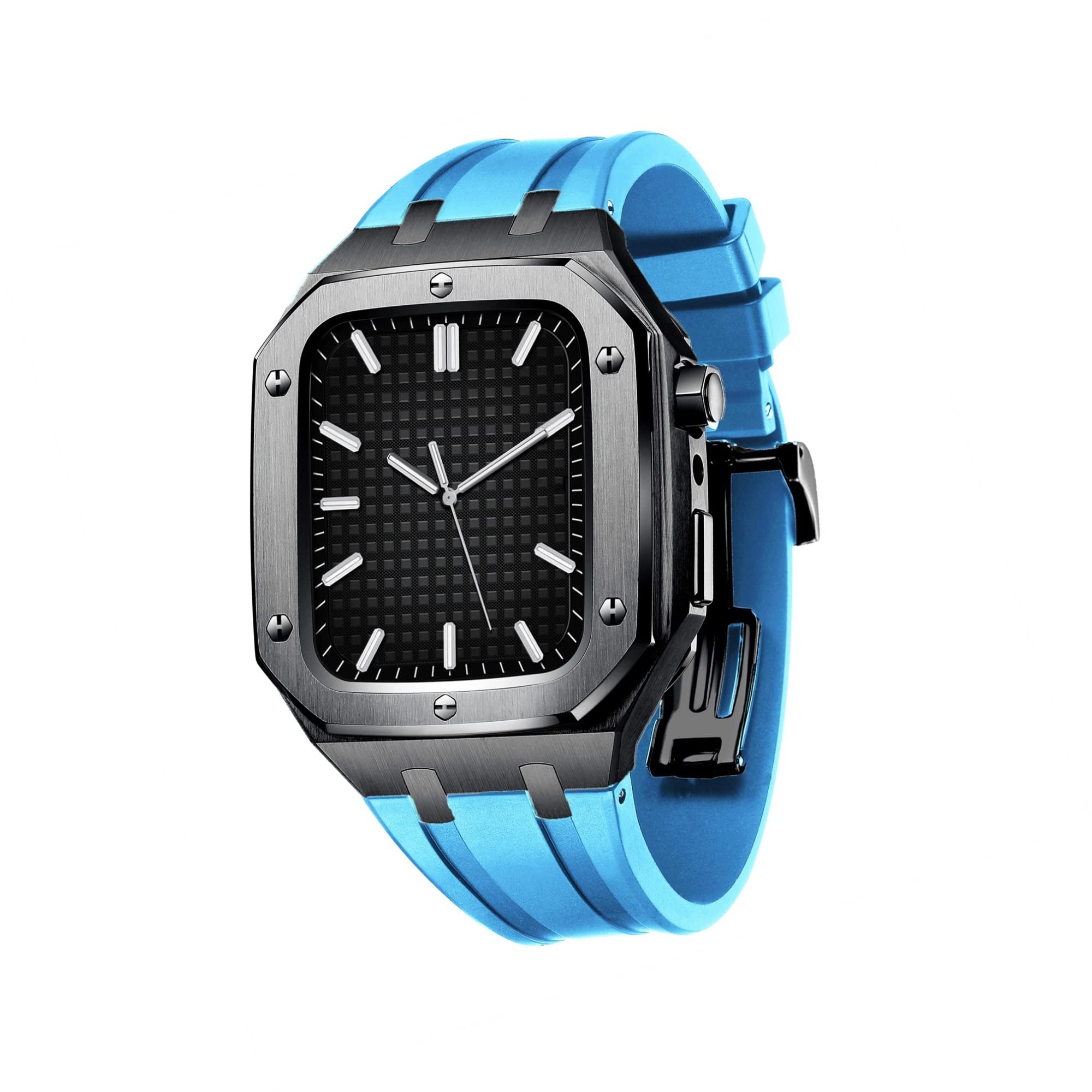 KANUZ Herren und Damen, Militär-Metallgehäuse für Apple Watch, 45 mm, 44 mm, Silikonband, stoßfest, Stoßstange, Business-Casual-Stil, Uhrenarmband für iWatch Serie 7/SE/6/5/4 (Farbe: Schwarz /