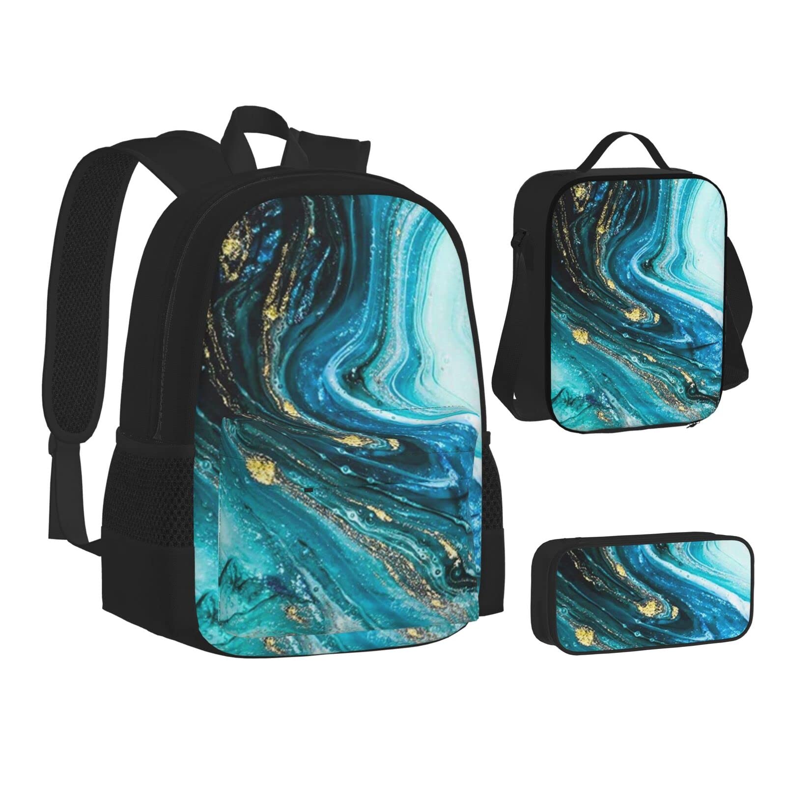 WURTON Büchertasche, Federmäppchen, 3-in-1, Schulrucksäcke, Kinderrucksack, Steinblau, Gold, Marmor-Druck, Teenager, Büchertasche, Federmäppchen, 3-in-1