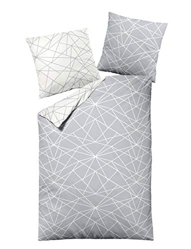 Dormisette Biber Bettwäsche 4tlg grau Silber 65101-08 | Bettwäsche-Set aus 100% Baumwolle | 4 teilige 2X Wende-Bettwäsche 135x200 cm & 2X Kissen 80x80 cm | Geometrisches Muster