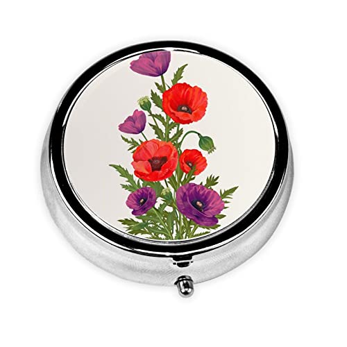 Runde Pillendose mit Mohnblumen-Motiv: 5,1 x 5,1 x 1,8 cm, niedliche Mini-Reise-Medikamenten-Organizer-Box für Geldbörse, Tasche