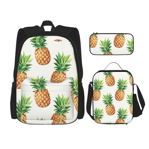 WURTON Rucksack mit Ananas-Druck, 3-in-1, Büchertaschen-Set, Lunchbox, Federmäppchen, Reise-Laptop, Tagesrucksäcke, Schwarz, Einheitsgröße