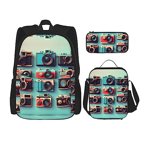 WURTON Retro Cool Camera Collection Print Lunchbox Federmäppchen Rucksack Set 3 Stück Verstellbare Träger Langlebig Leicht, Schwarz, One Size