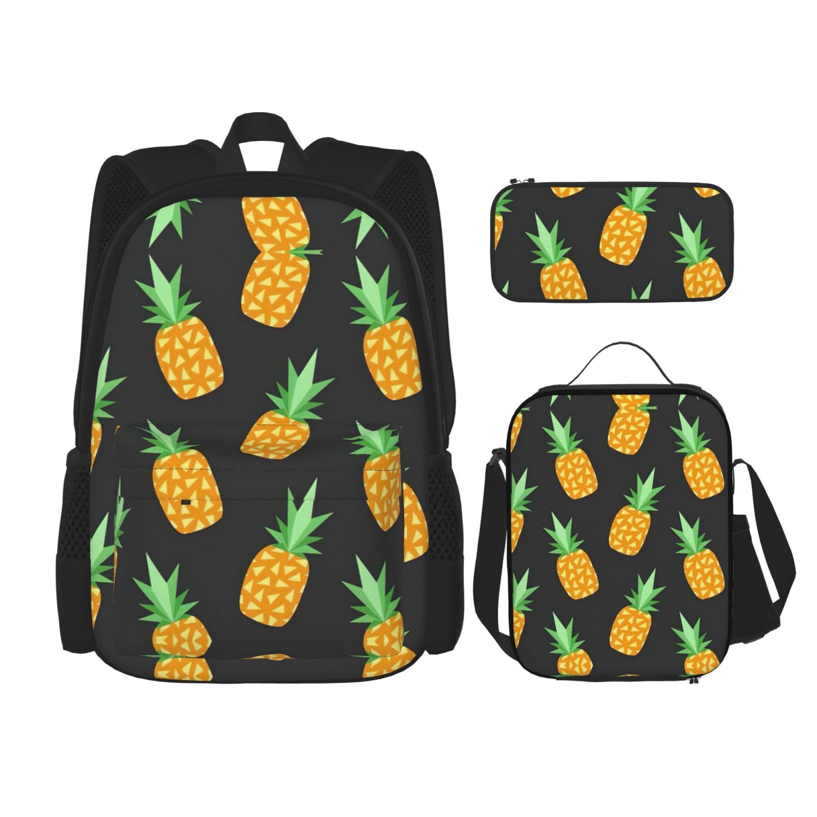 WURTON Trendige Rucksacktaschen mit Ananas-Druck, Lunchbox und Federmäppchen, 3-in-1, verstellbares Rucksack-Set