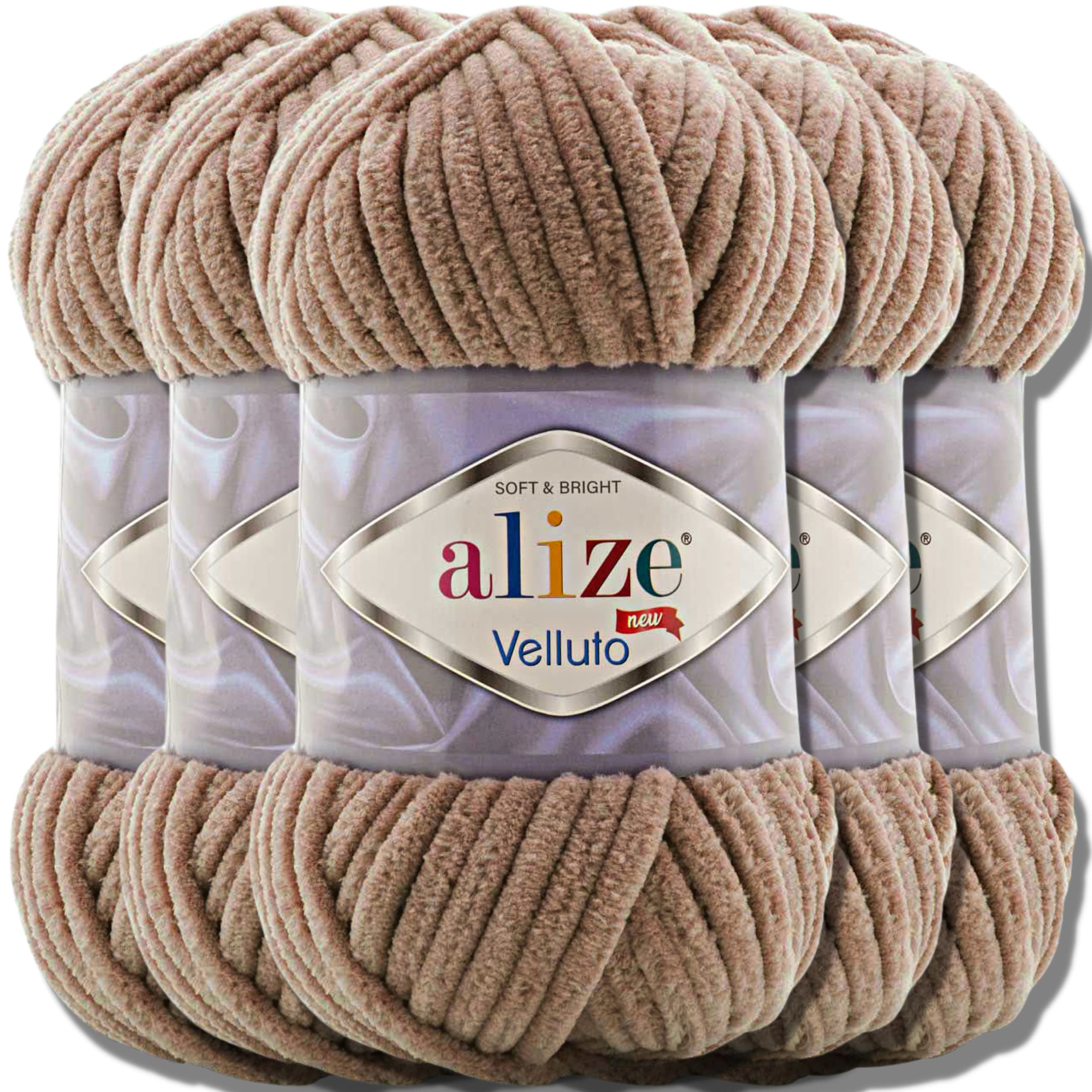 Hobby YARN Alize Velluto 5x 100g Türkische Strickwolle super Bulky Wolle zum Häkeln Uni Farbe Babywolle Flauschgarn Filzwolle Kuschelwolle (Tobacco Brown | 329)