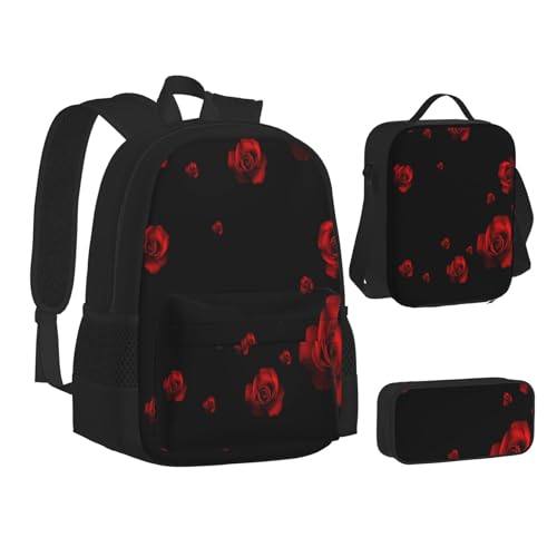 WURTON Teen-Rucksack mit rotem Rosen-Motiv, 3-in-1 (Federmäppchen + Schultasche + Lunchtasche)