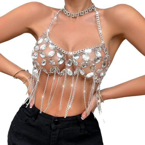 SOUTHJIELING Damen-Neckholder-BHs mit Aussparungen, Körperkette, Schmuck, Strass, Quasten, Kette, Camisole Crop Top, Party, Clubwear