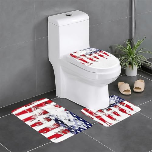 Wurton Badezimmerteppich-Set mit amerikanischer Flagge, 3 Stück, Polyester, stilvolles, funktionales Badezimmerteppich-Set