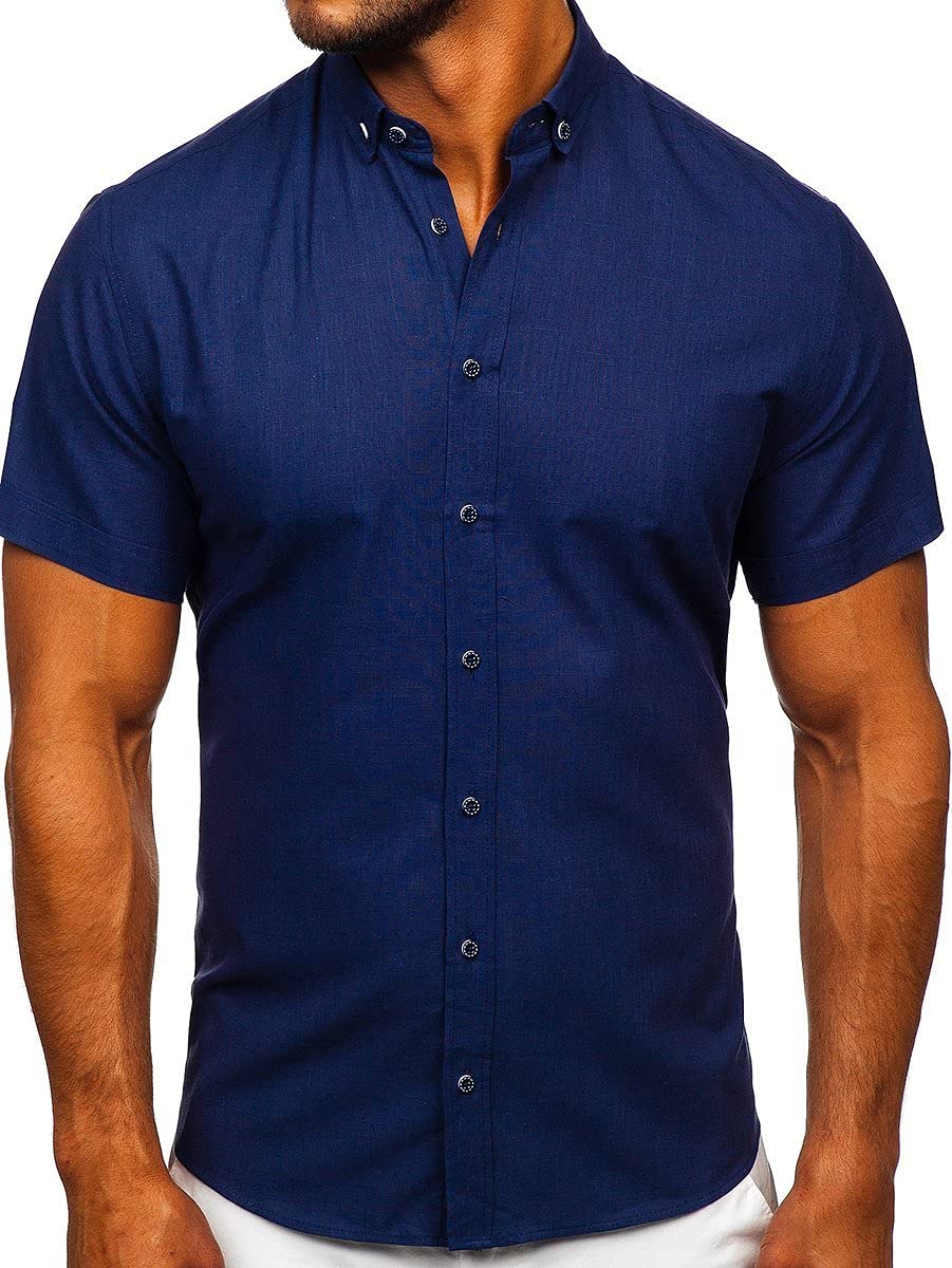 BOLF Herren Kurzarmhemd Sommerhemd Freizeithemd Strandhemd Urlaub Hemd aus 100% Baumwolle Atmungsaktiv Stoff Dünnes Hemd für Sommer Slim Fit Button Down Casual Style 20501 Dunkelblau S [2B2]