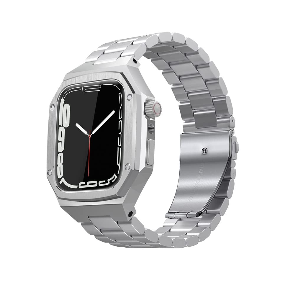 TONECY 45 mm, 44 mm für iWatch Serie 7, 6, SE, 5, 4, Edelstahl-Gehäuse, Uhrenarmband, modifizierter Metallschutz für Apple Watch, Zubehör