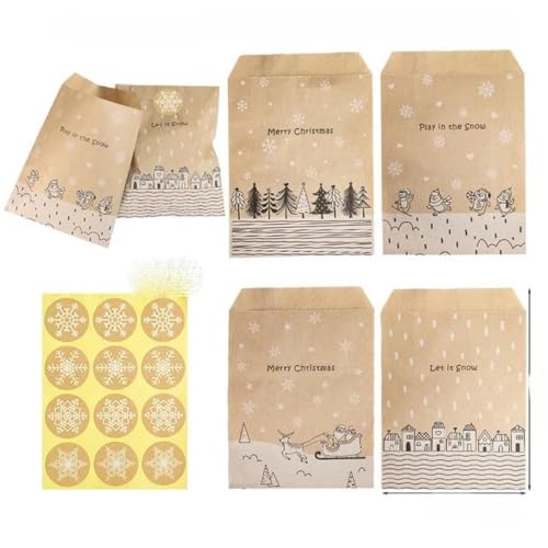 24 Sets Feiertags-Countdown bis Weihnachten, Adventskalender, Geschenktüten aus Kraftpapier, Partygeschenke, Verpackungsset, Kekse, Beutel, Zubehör – 24 Sets, Muster 2