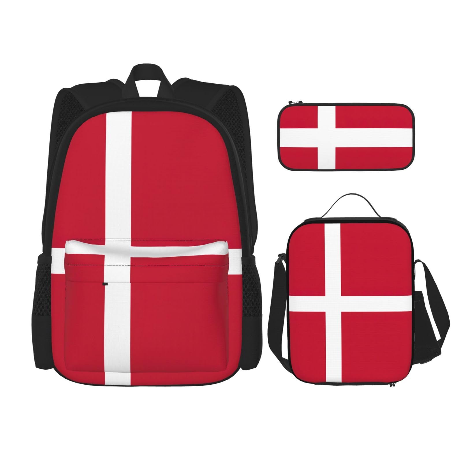 WURTON 3-in-1-Set mit dänischer Flagge, lässiger verstellbarer Schulter-Rucksack, Lunch-Tasche, Federmäppchen, Beutel, Schwarz, Einheitsgröße