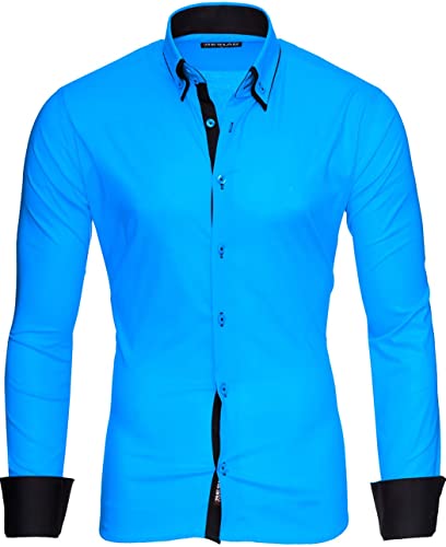 Reslad Männer Hemd bügelleicht Slim Fit Freizeit-Hemden Business Herren Kontrast Langarmhemd RS-7050 Türkis Schwarz Gr XL