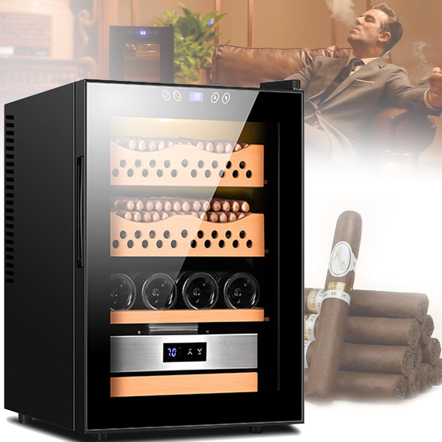 Qiang Intelligenter Zigarrenschrank,Zedernholzfutter und Doppelt Verspiegeltes Glas Humidor für Zigarren 50L Großer Kapazität,Temperaturkühlbereich 11-18°C,Feuchtigkeitskontrollbereich 60-80%,B