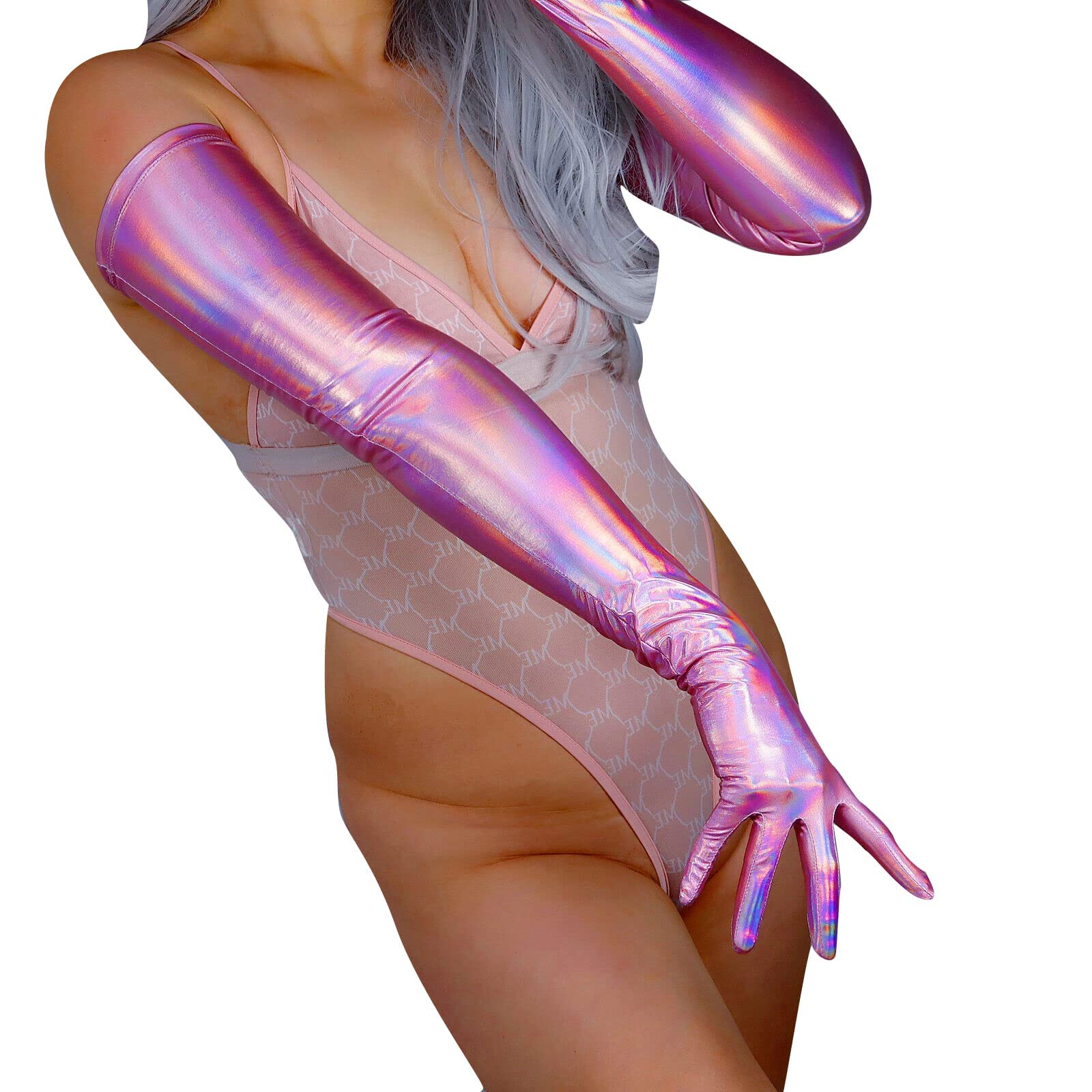 DooWay Holographische Abendhandschuhe für Damen, Stretch, 70 cm, super lang, Metallic-Handschuhe für Kostüm, Rave Dace Party, Holografisches Pink, 85