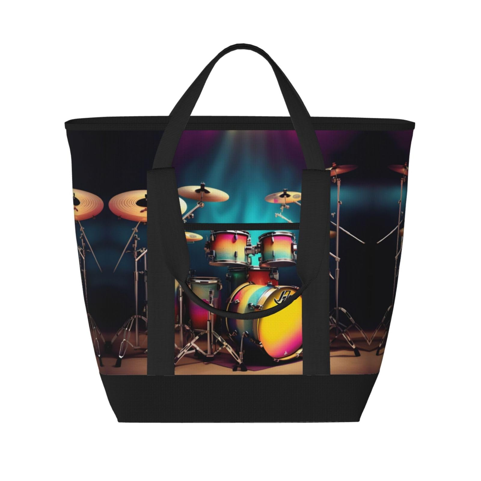 YQxwJL Kühltasche mit coolem Drums-Set, bedruckt, großes Fassungsvermögen, isolierte Kühltasche, Einkaufstasche, Reisetasche, Strand, wiederverwendbare Einkaufstasche für Erwachsene, Schwarz,