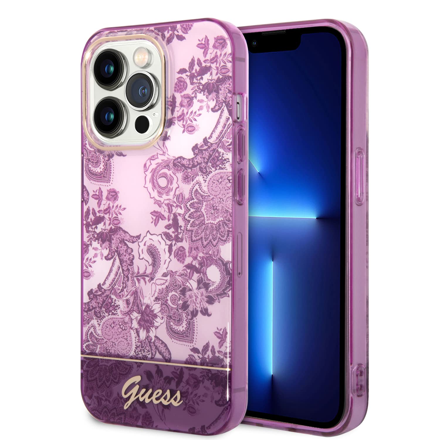 CG MOBILE Guess Handyhülle für iPhone 14 Pro in Fuchsia IML-Blumenmuster, kratzfestes PC/TPU, Bequeme und langlebige Hartschale mit zugänglichen Anschlüssen, Stoßdämpfung und Signatur-Logo