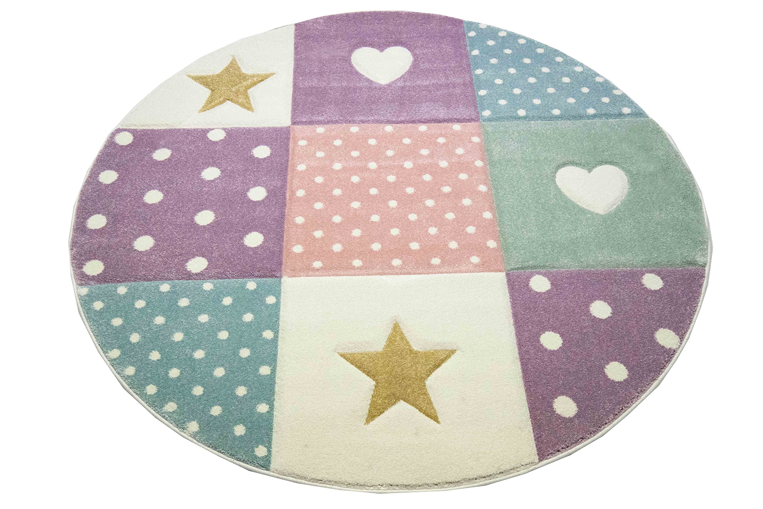 Teppich-Traum Kinderzimmer Teppich Spiel & Baby Teppich Herz Stern Punkte Design Grün Creme Rosa Blau Größe 120 cm rund