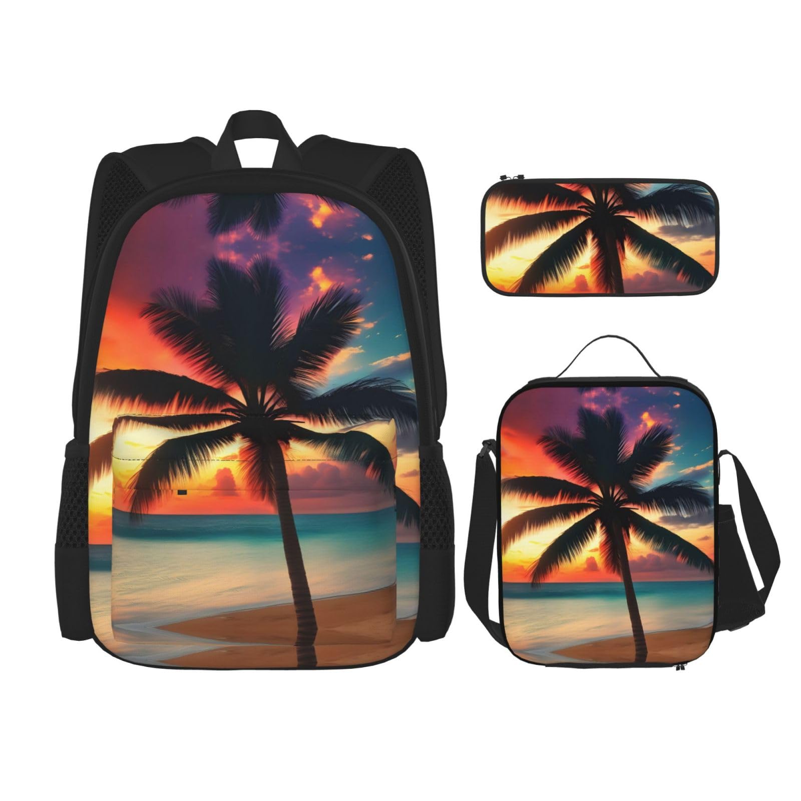 YQxwJL 3-in-1-Rucksack-Büchertaschen-Set, Sonnenblumen-Halloween-Totenkopf-Druck, lässige Reiserucksäcke, mit Federmäppchen, Lunchtasche, Tropischer Strand Palme Sonnenuntergang, Einheitsgröße