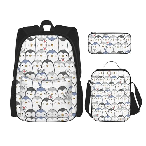 WURTON Schulrucksack-Set mit süßem Pinguin-Druck, 3-in-1-Büchertaschen-Set mit Lunchbox, Federmäppchen, Reise-Laptop-Tagesrucksäcke