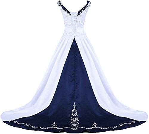 Zorayi Damen V-Ausschnitt Kapelle-Schleppe Perlen Stickerei Satin Hochzeitskleid Brautkleider Weiß & Marineblau Größe 42