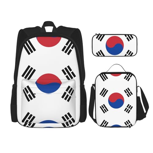 WURTON Schulrucksack, Motiv: Flagge der Republik Korea, 3-in-1, Büchertaschen-Set mit Lunchbox, Federmäppchen, Reise-Laptop, Tagesrucksäcke