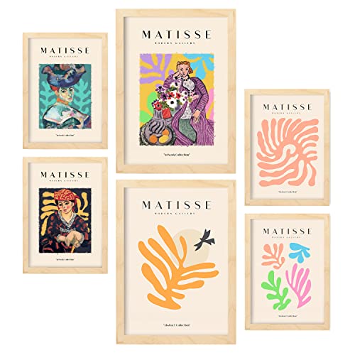 Nacnic Set mit 6 Henri Matisse Postern. Feminin. Drucke des Fauvismus und der abstrakten Kunst für Innenarchitektur und Dekoration. A3 & A4 Holzfarbe Rahmen.