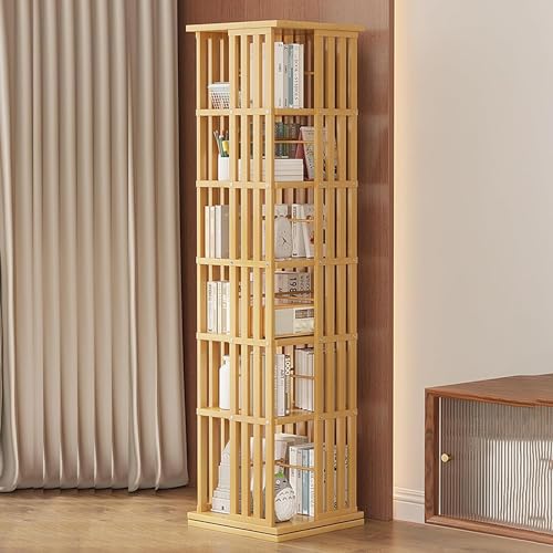 360 drehbares Bücherregal, drehbares Bambus-Bücherregal, mit Stauraum, großes Eckregal, offenes Design, geeignet für Schlafzimmer, Arbeitszimmer, Holzfarbe, 6 Etagen