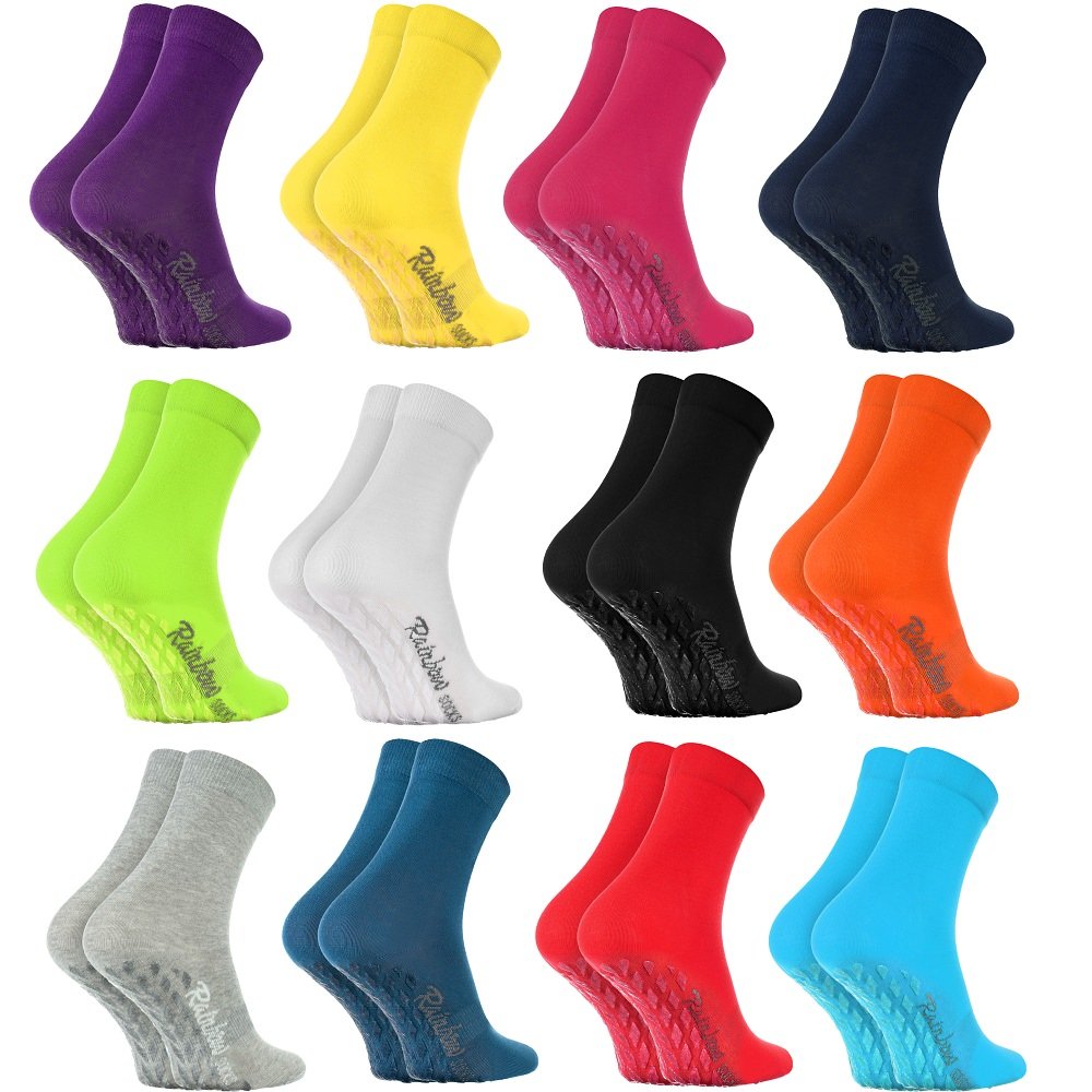 Rainbow Socks - Damen Herren Bunte Baumwolle Antirutsch Socken ABS - 12 Paar - Weiß Blau Blau Marine Schwarz Rot Lila Blau Orange Pink Grau Grün Gelb - Größen 42-43