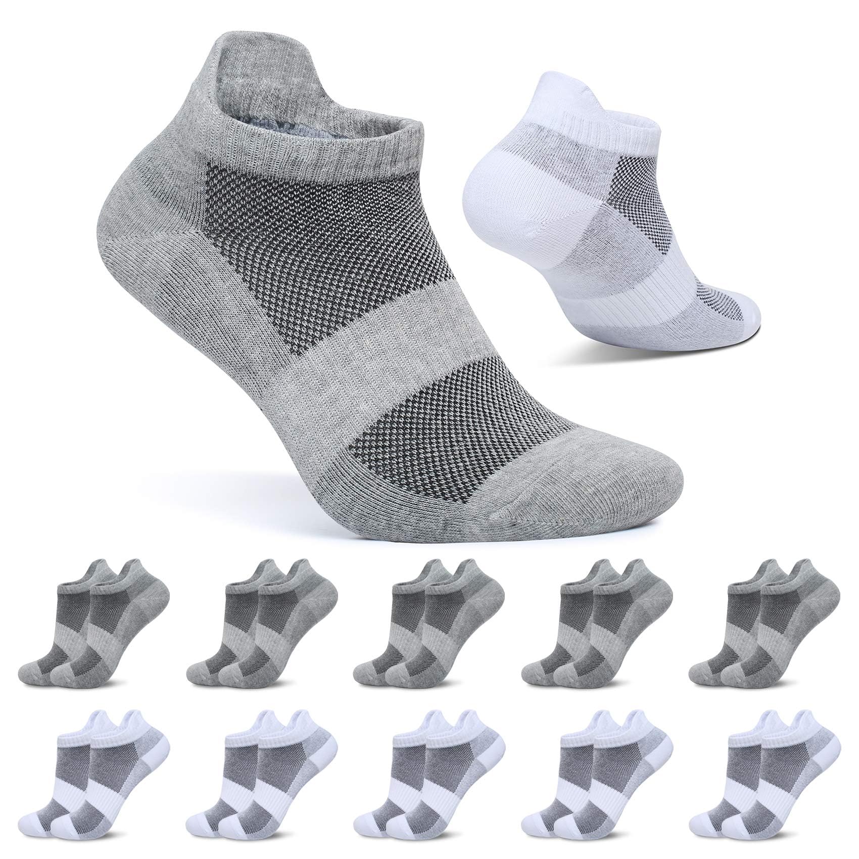 FALARY Sneaker Socken Damen 39-42 Weiß Grau Herren Kurze Socken 10 Paar Sportsocken Baumwolle Atmungsaktive Laufsocken Unisex