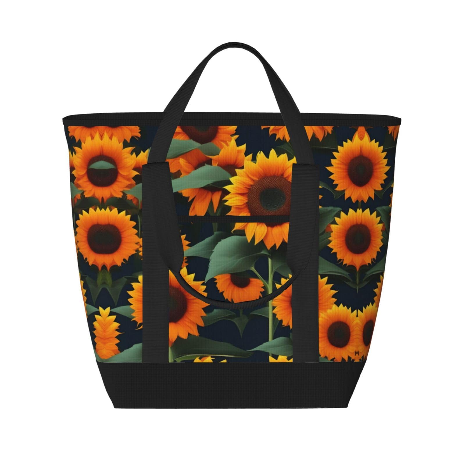 YQxwJL Isolierte Kühltasche, Einkaufstasche, Einkaufstasche, Reisetasche, Strand, wiederverwendbare Einkaufstasche für Erwachsene, Orange mit Sonnenblumen-Aufdruck, Schwarz, Einheitsgröße