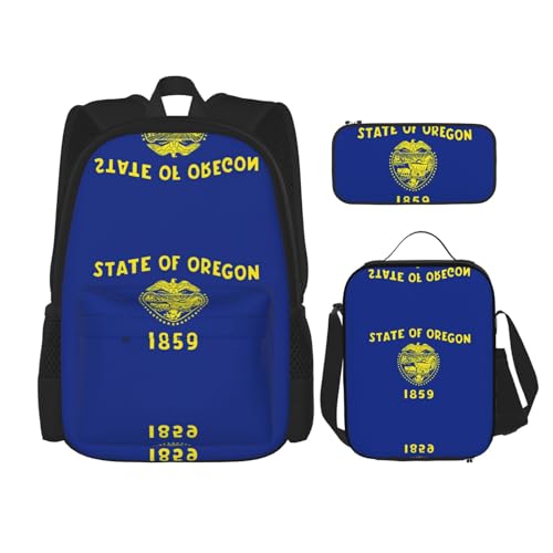 WURTON Oregon Rucksack mit Staatsflaggen-Druck, für Mädchen, Jungen, Schultaschen, Teenager, Lunchbox und Federmäppchen, 3-in-1 Büchertaschen-Set