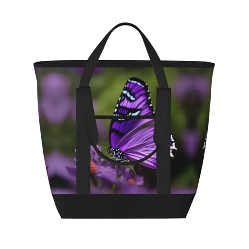 YQxwJL Isolierte Kühltasche, Einkaufstasche, Einkaufstasche, Einkaufstasche, wiederverwendbar, für Erwachsene, Motiv: Schmetterlinge und Schmetterlinge, Violett, Schwarz, Einheitsgröße