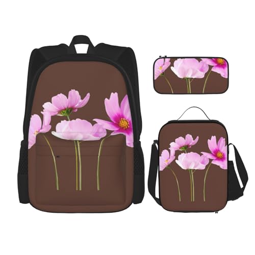 WURTON Trendige Rucksacktaschen Lunchbox und Federmäppchen 3-in-1 verstellbares Rucksack-Set mit rosa Blättern und Blumen, Schwarz , Einheitsgröße