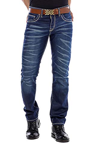 Cipo & Baxx Herren Jeans Hose Used Look Röhrenjeans Straight Fit Kontrastnähte Denim Dunkelblau W38 L34