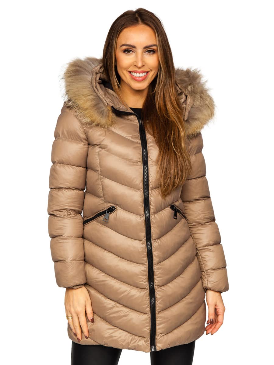 BOLF Damen Winterjacke Parka Wintermantel Lange Daunenjacke Steppjacke mit Kunstfell Kapuze Puffermantel Sportjacke Warm Freizeit Outdoor Casual Style M688 Braun M [D4D]