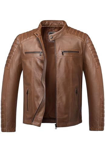 Amaci&Sons Herren Echtleder Jacke Biker Zipper Lederjacke 9104 Cognac XXL