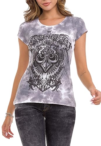 Cipo & Baxx Damen T-Shirt, Rundhalsausschnitt Kurzarm Baumwollmix Shirt, Glitzersteinchen Design, Tops für Damen, Frau Sommer Outfits, Casual Klamotten für Teenager Mädchen, WT352, Grey, M