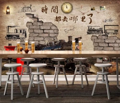 Vintage Nostalgie Dampfzug Backsteinmauer 3D Tapete Poster Restaurant Schlafzimmer Wohnzimmer Sofa TV Dekorative Wand-150cm×105cm