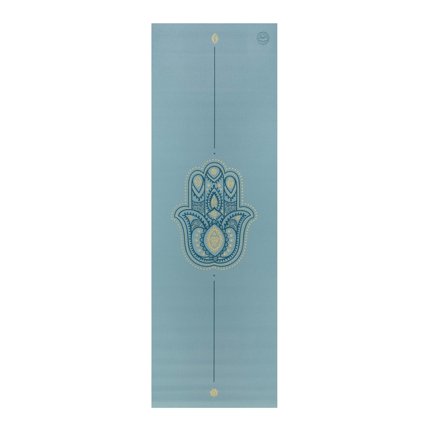 Bodhi Yogamatte Leela Collection | Rutschfeste Sportmatte | Schadstofffreie & Waschbare Antirutschmatte | Matte aus PVC | Fitnessmatte für Yoga, Pilates & Gymnastik | Hamsa Hand, hellblau