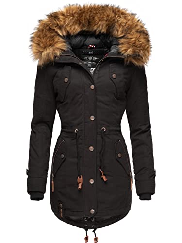 MARIKOO Damen Wintermantel Winterparka mit abnehmbarem Kunstfell La Viva Prc Schwarz Gr. L