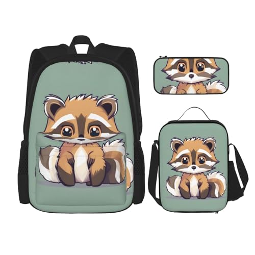 YQxwJL 3-in-1-Rucksack-Büchertaschen-Set, Cartoon-süßer Waschbär-Druck, lässiger Reiserucksack, mit Federmäppchen, Lunchtasche, Niedlicher Waschbär, Einheitsgröße