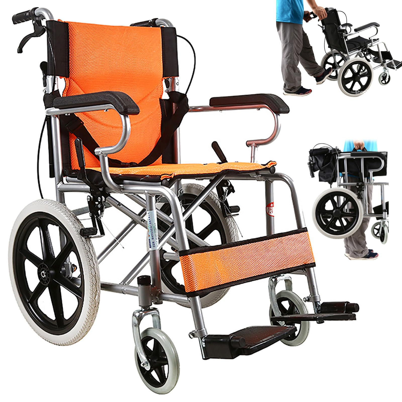 Tragbarer 16-Zoll-Klapprollstuhl, Ultraleichter Rollstuhl Für ältere Menschen Und Kinder, Tragfähigkeit 110 Kg, Mit Fußstütze Und Aufbewahrungstasche,Orange