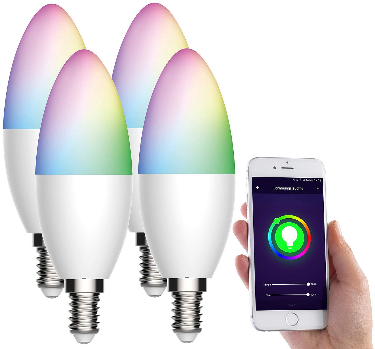 Luminea Home Control WiFi Glühbirne E14: 4er-Set WLAN-LED-Kerze, E14, RGB-CCT, 5,5 W (ersetzt 40 W), 470lm, App (E14 RGB WiFi, E14 LED RGB WiFi, Fernbedienungen)