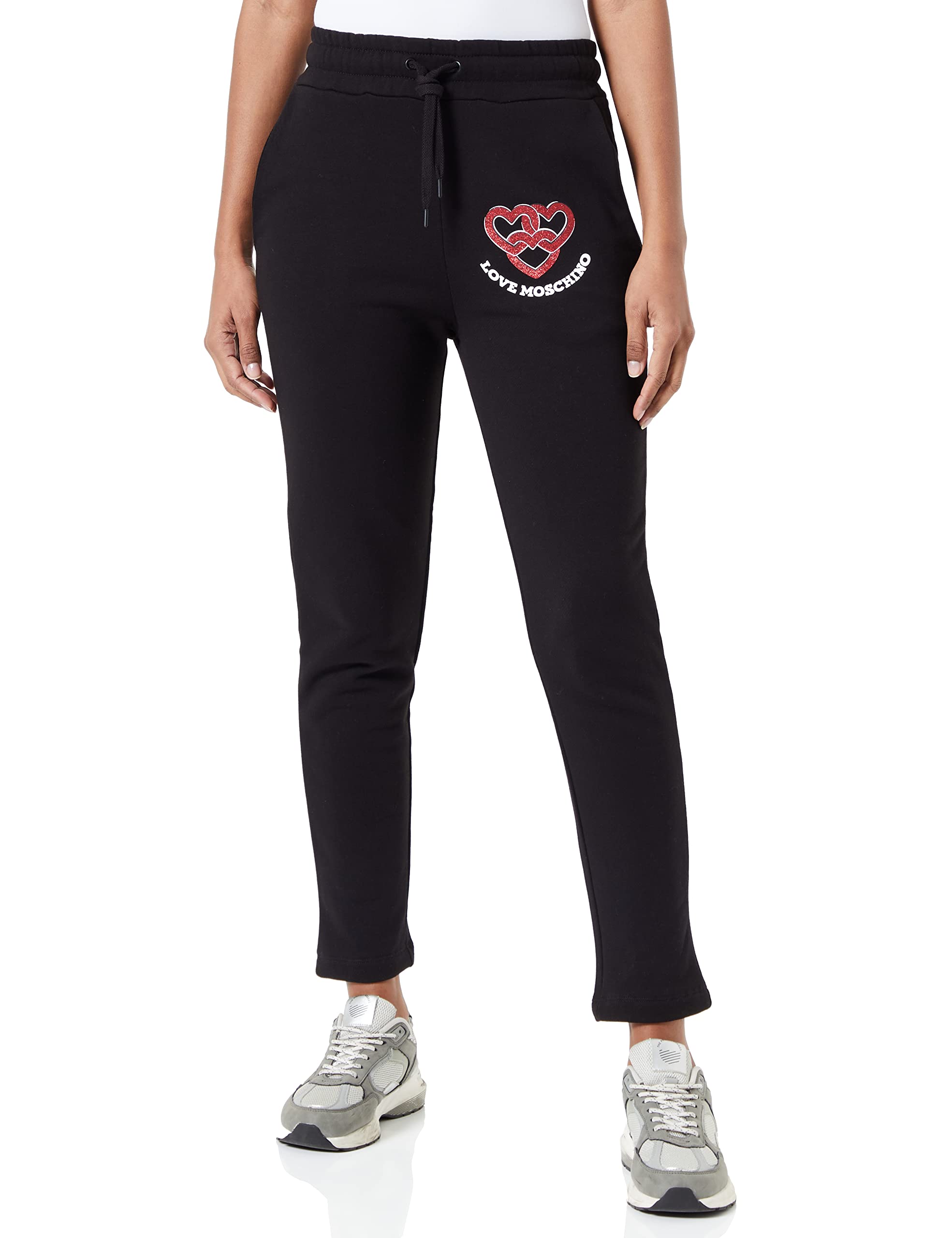 Love Moschino Women's Regular fit Jogger with Chained Hearts Print Casual Pants, Black, 38