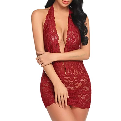 Dessous Sexy Reizwäsche Set Erotische Dessous Sexy Spitze Hohlbeutel Hüfte Hängender Hals Damen Nachthemd Weinrot Xl