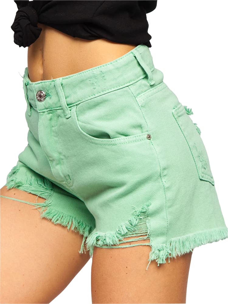 BOLF Damen Kurze Denim Shorts High Waist Zerrissenes Ripped Jeansshorts Bermuda Sommer Hotpants Distressed Freizeit Stretch Relaxed A63 Grün L [G7G]