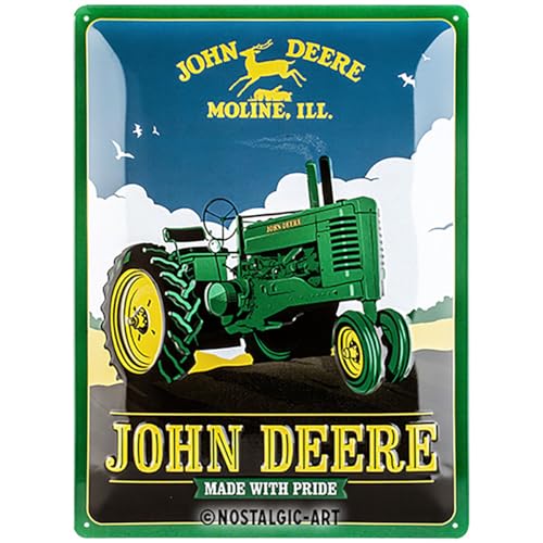 Nostalgic-Art 23275 Retro Blechschild John Deere – Made With Pride – Geschenk-Idee für Traktor-Fans, aus Metall, Vintage-Design zur Dekoration, 30 x 40 cm